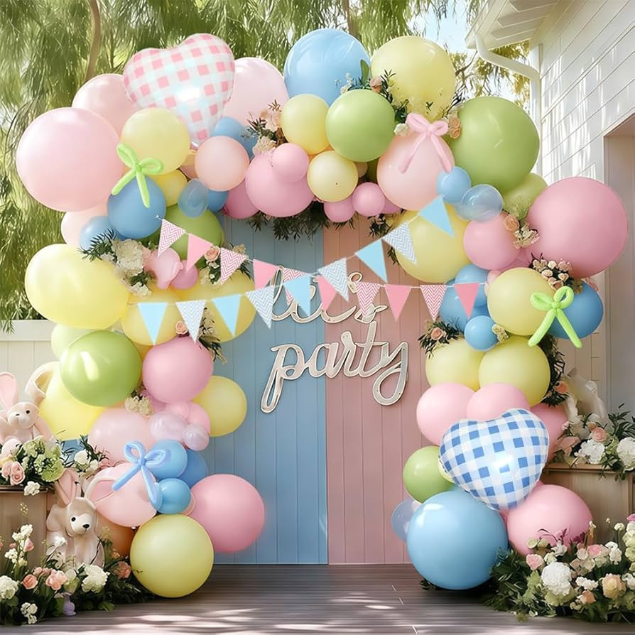 Pastel Balloon Arch Kit Double Stuffed Light Pink Blue Yellow Green Balloon Garland Gingham Heart... | Amazon (US)