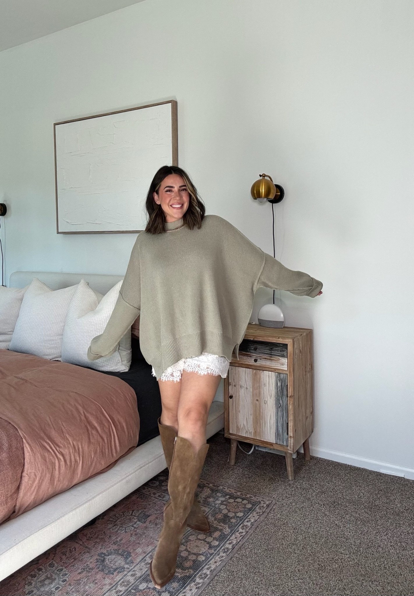 The cutest early fall outfit! Styling these lace satin shorts that have been so trendy recently.. I grabbed from Amazon to try and I love them peeking out. This sweater is my go to for fall and winter I've been wearing for years! So comfy and oversized. 

Fall outfit, trendy fall outfit, satin lace shorts, silk shorts, free people outfit, date night outfit

#LTKMidsize #LTKSeasonal #LTKootd