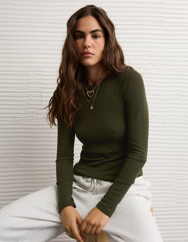 AE Long Sleeve Cozy Crew Neck T-Shirt | American Eagle Outfitters (US & CA)