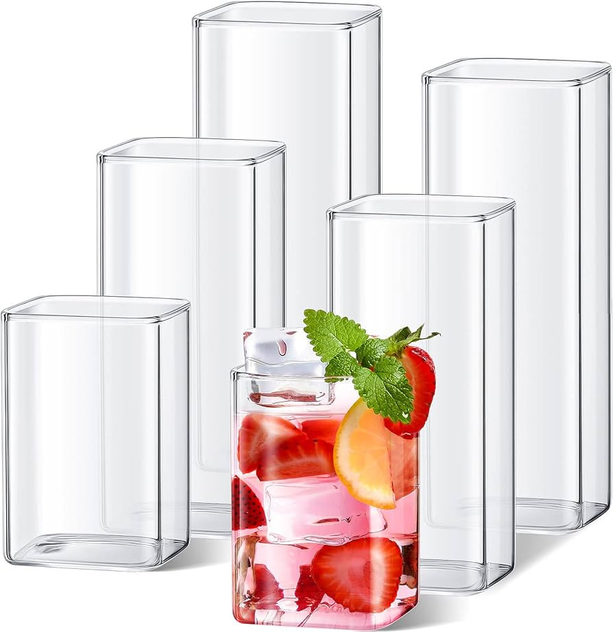 Set of 6 Square Glasses Drinking 8 oz 13 oz 17 oz Square Glass Cups Tumbler Clear Tall Cute Cockt... | Amazon (US)