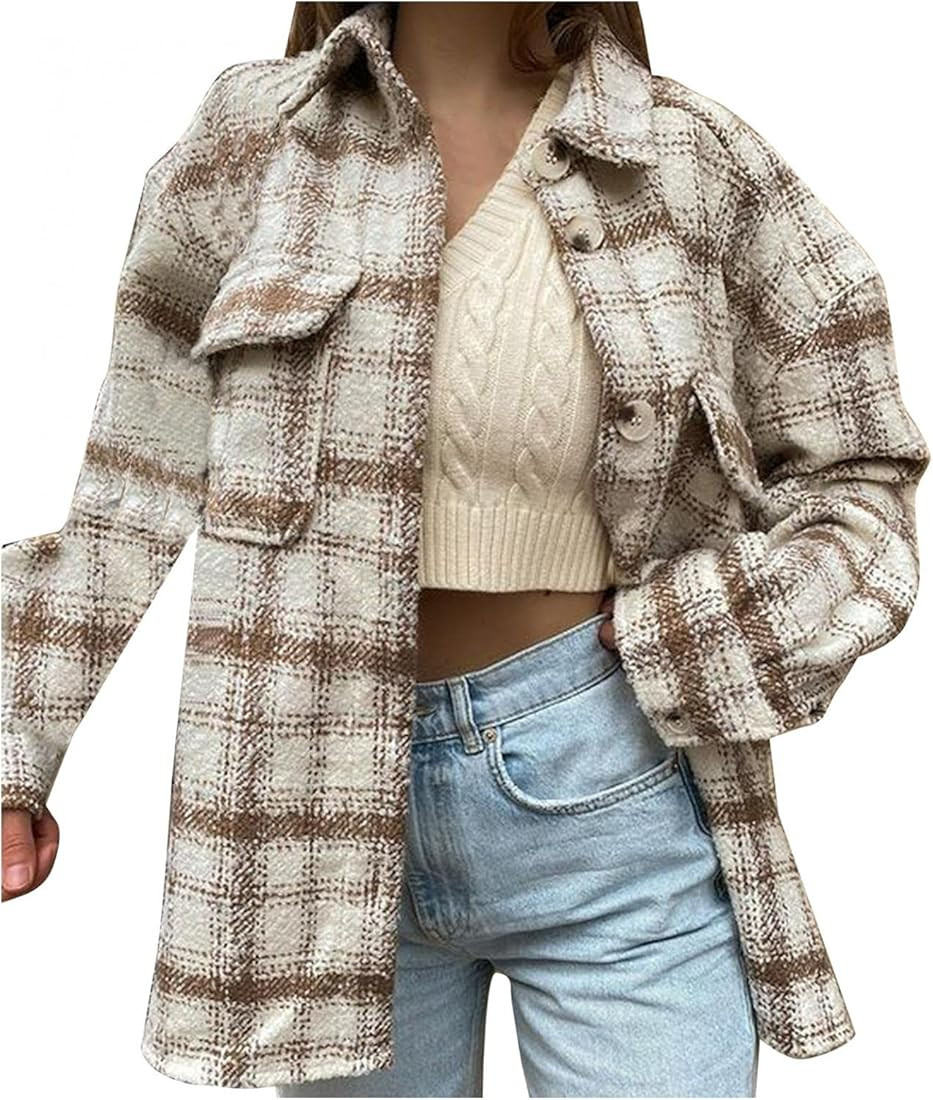 HUIYEA Women's Wool Blend Lapel Button Down Casual Plaid Shirt Coats Long Sleeve High Low Shacket Ja | Amazon (US)