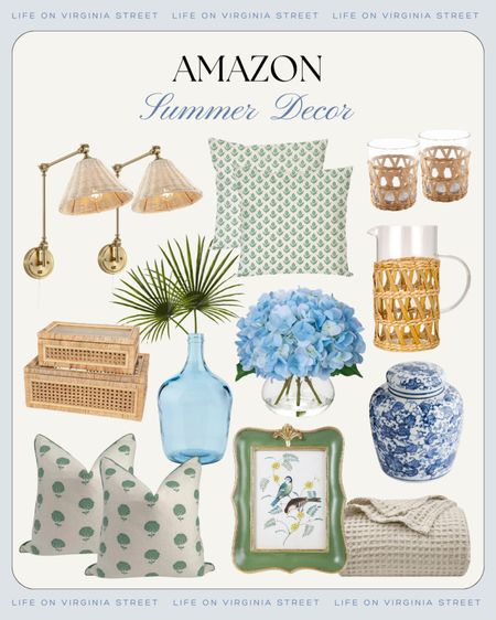 Amazon summer decor finds including rattan sconces, block print pillow covers, faux hydrangeas, blue and white ginger jars, rattan storage boxes, rattan wrapped pitcher, rattan drinking glasses, palm leaves, scalloped frame and more!
.
#ltkhome #ltkfindsunder50 #ltkfindsunder100 #ltkstyletip #ltksalealert #ltkseasonal summer living room decor, summer bedroom decor, Amazon home

#LTKSeasonal #LTKFindsUnder50 #LTKHome