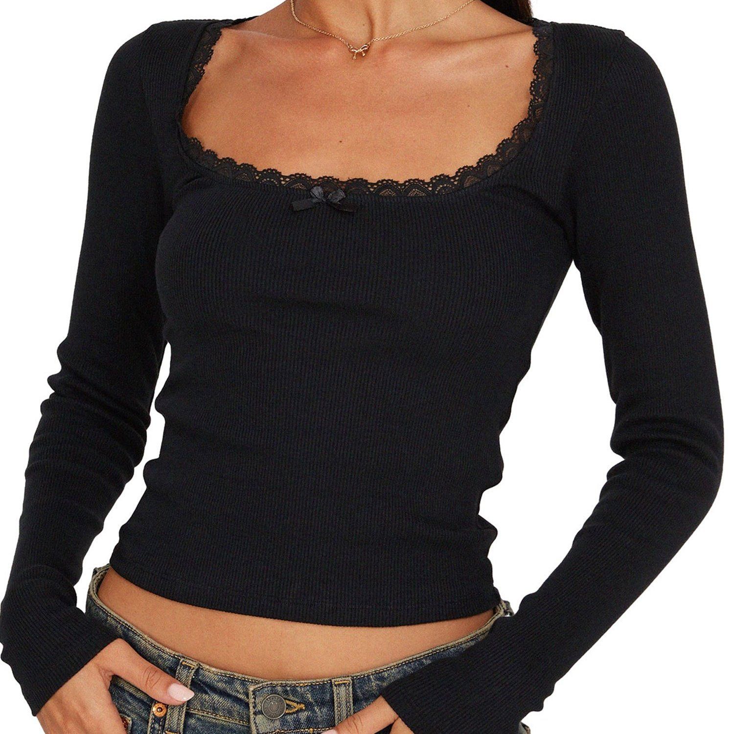 Women T shirt Long Sleeve Square Neck Lace   Slim - Temu | Temu Affiliate Program