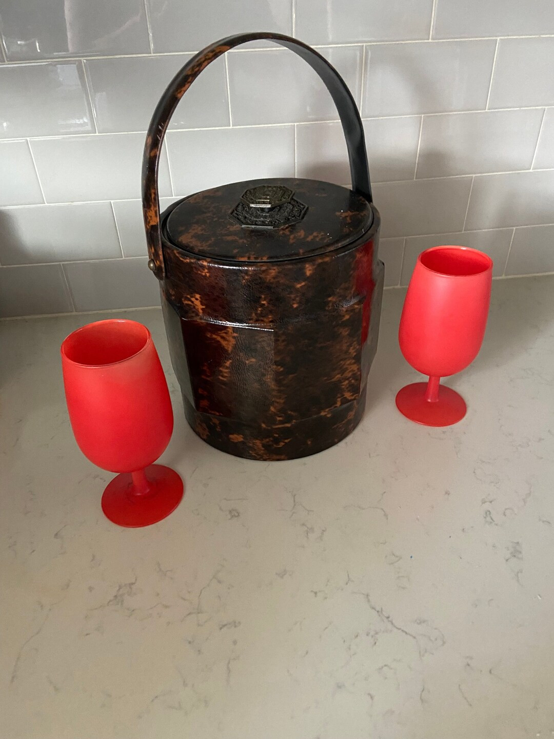 Vintage Tortoise Shell Padded Ice Bucket With Handle and Brass Nob on Top Midcentury Design-great... | Etsy (US)