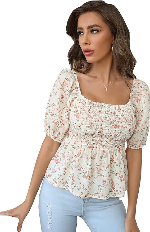 SOLY HUX Women's Ditsy Floral Puff Short Sleeve Square Neck Shirred Ruffle Blouse Top | Amazon (US)
