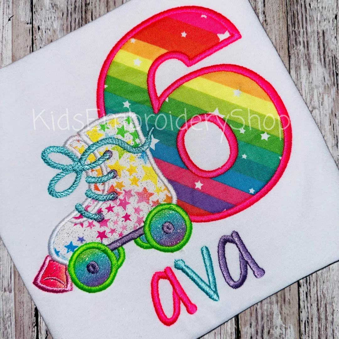 Girls Rainbow Neon Roller Skate Birthday Shirt, Embroidered Roller Skate Birthday Party Tee, Girl... | Etsy (US)