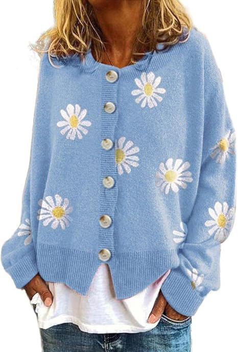 Cute Daisy Flower Cardigan Sweater for Women Oversized Aesthetic Button Down Open Front Knitted S... | Amazon (US)