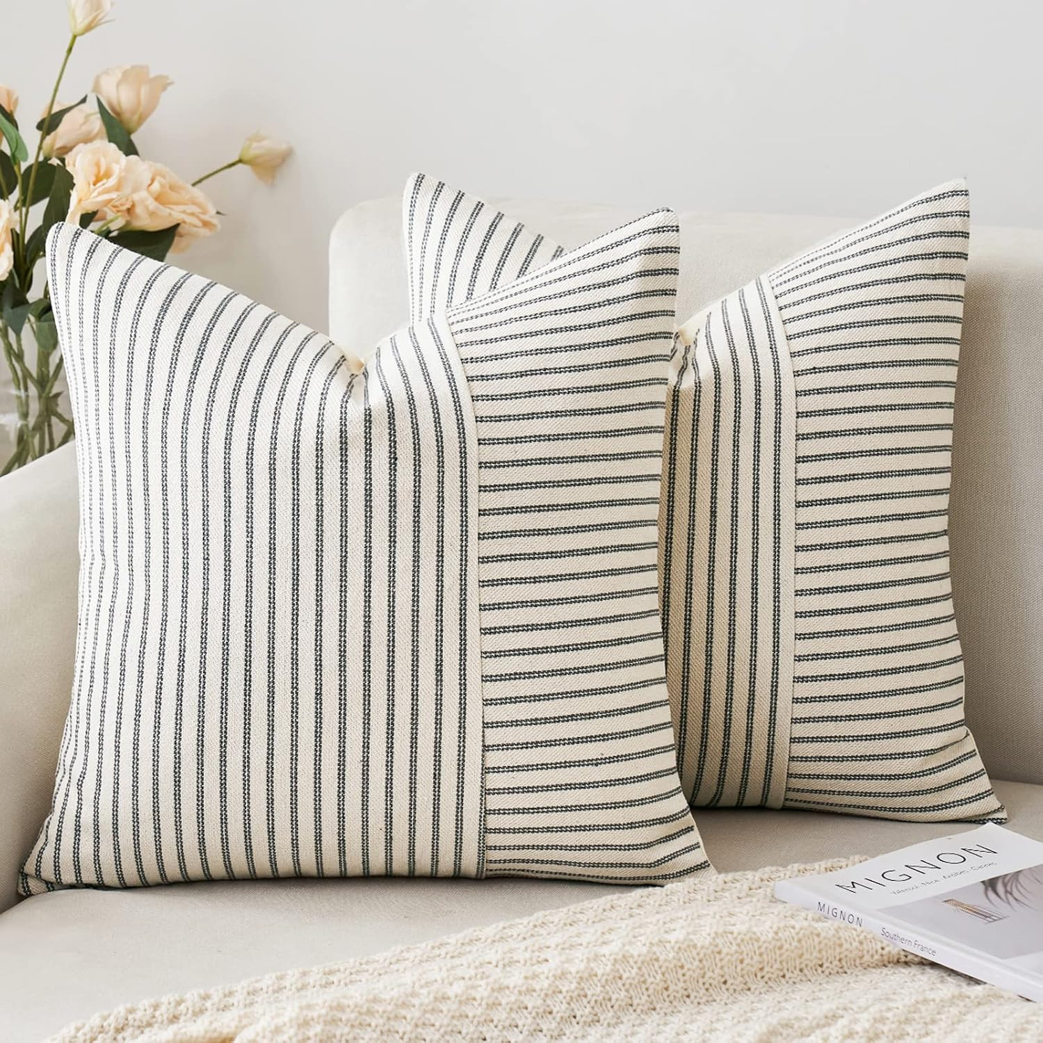 MIULEE Grey and Beige Patchwork Farmhouse Pillow Covers 18x18 Inch, Pack of 2 Striped Linen Decor... | Amazon (US)