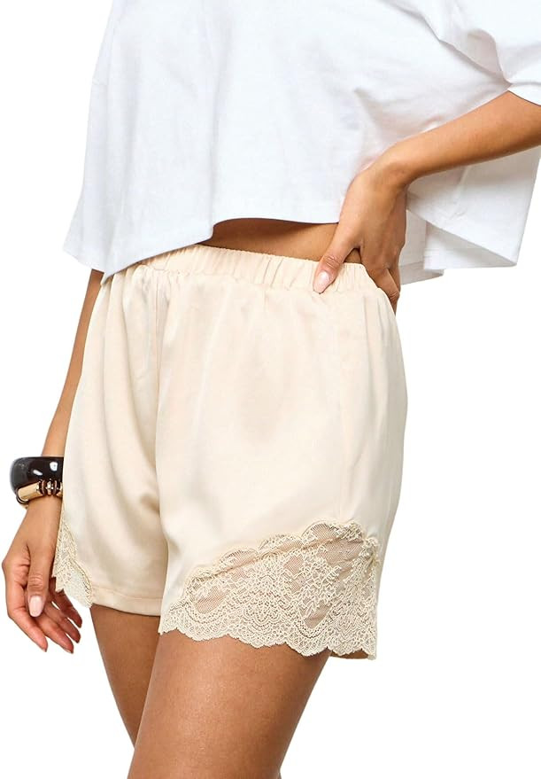 MakeMeChic Women's Satin Lace Shorts Y2k Mini Boxers Slip Shorts Lounge Bottoms Streetwear | Amazon (US)