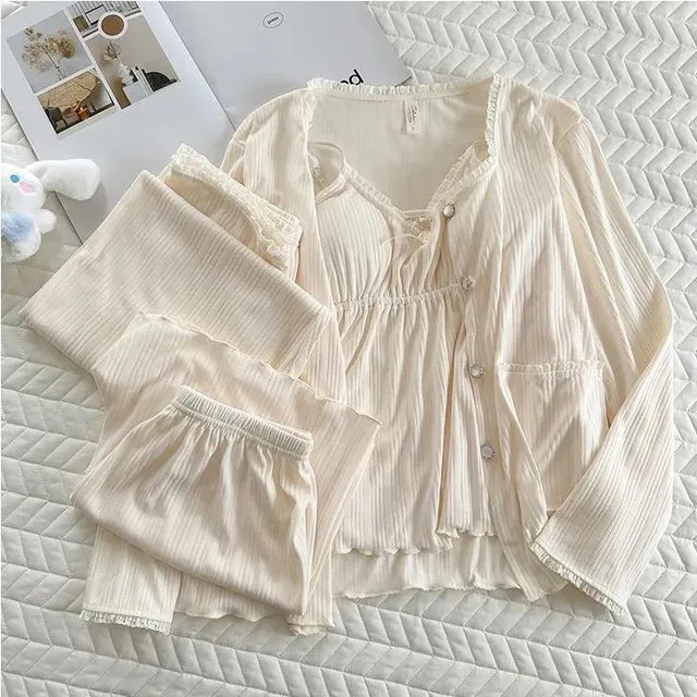 Siensien - Pajama Set: Long-Sleeve Plain Button Top + Padded Camisole + Pants + Shorts | YesStyle | YesStyle.com