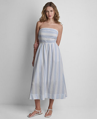 Women's Striped Strapless Linen-Blend Midi Dress | Macy's