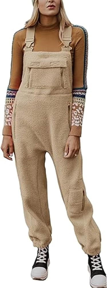 SOMTHRON Women's Winter Fleece Overalls Loose Bib Pants Adjustable Strap Sleeveless Fuzzy Warm Ju... | Amazon (US)
