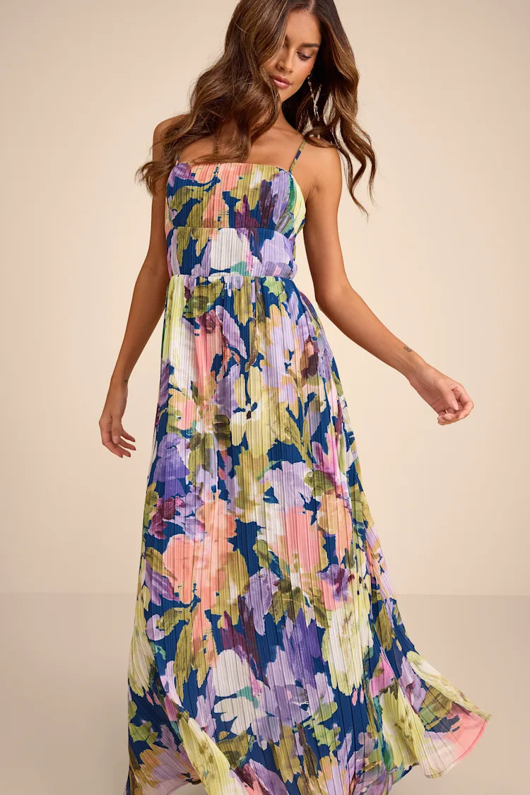 Holloway Dark Blue Multi Floral Pleated Maxi Dress | Lulus