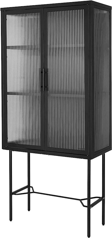 Tall Fluted Glass Door Storage Cabinet, Retro Style Freestanding Display Cupboard with 2 Tempered... | Amazon (US)