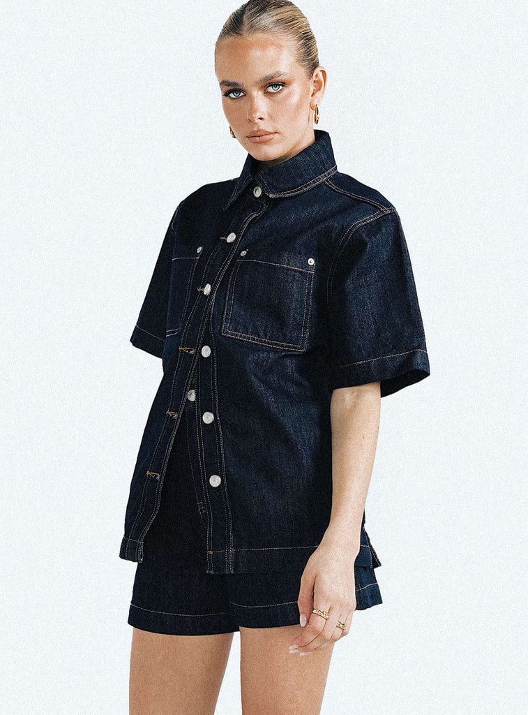 Whitaker Short Sleeve Shacket Dark Denim | Princess Polly US