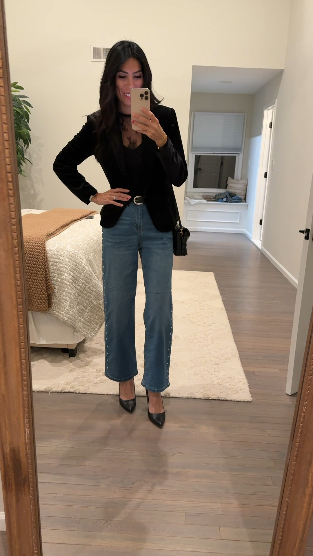 Date night outfit! A little upgrade for the jeans look! This jeans with studs make it so cute for a date night or gno outfit. The velvet blazer gives it that holiday look! 
Wearing size:
Small in jeans
Small in blazer 
Small in bodysuit and sheer top 

#LTKHoliday #LTKOver40 #LTKgrwm