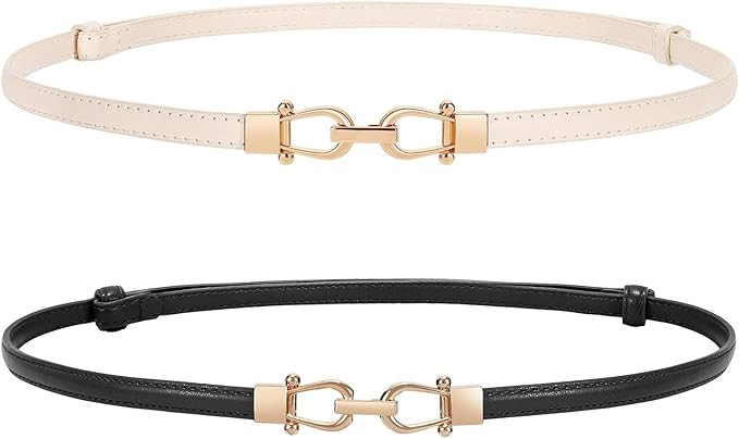 WERFORU Women 2 Pack Skinny Belt for Dress,Thin Waist Belt - Adjustable Leather Belt with Gold Bu... | Amazon (US)