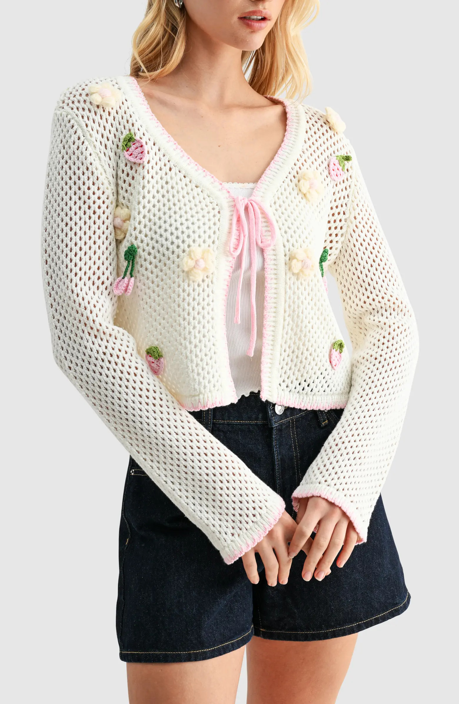Crochet Appliqué Tie Front Open Stitch Cardigan | Nordstrom