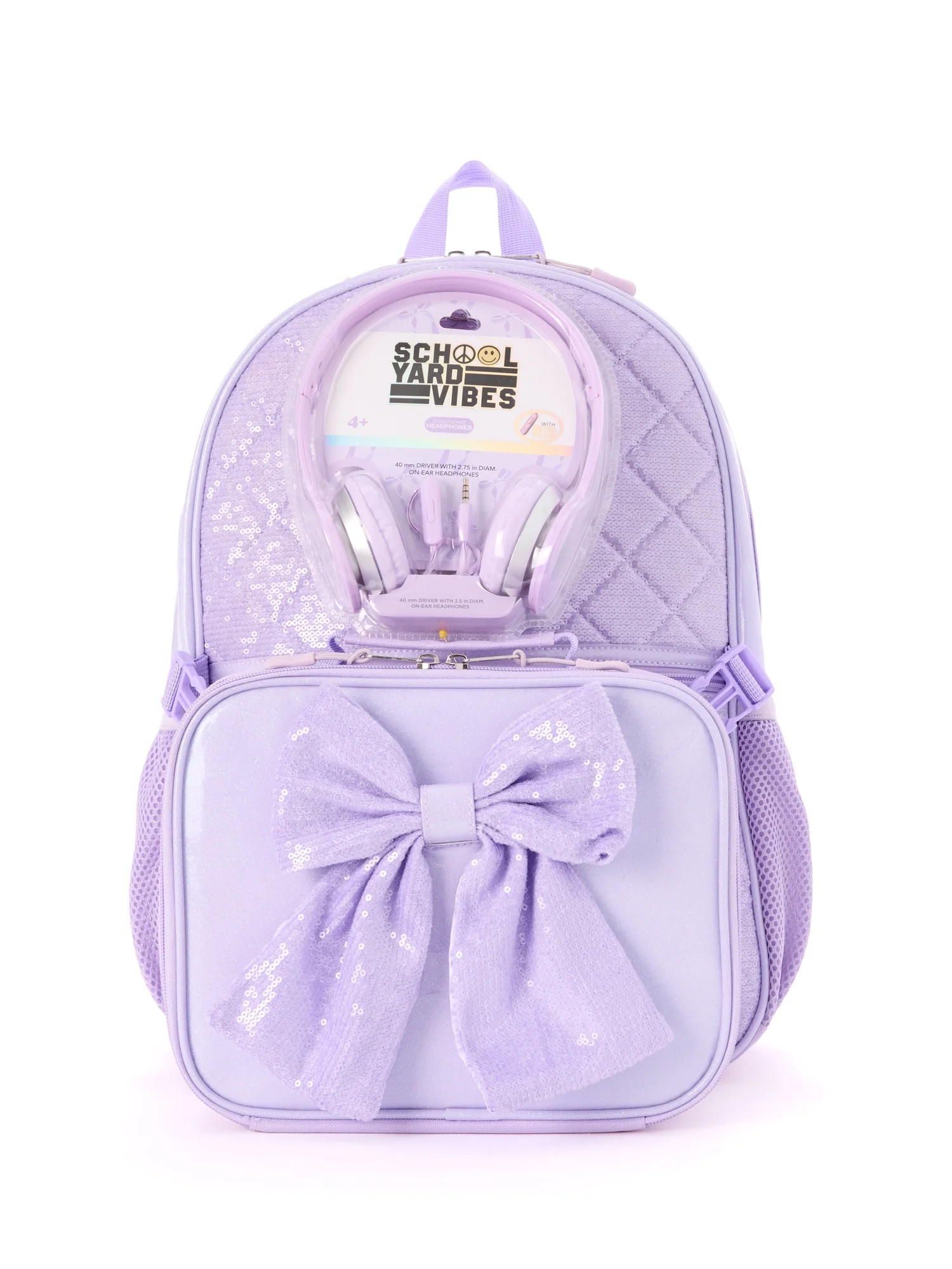 Schoolyard Vibes 17" Girls' Sequin Bow 3-Piece Kids Backpack Set with Headphones & Lunch Box, Pur... | Walmart (US)