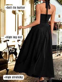 Deep V Neck Dress, Halter Maxi Dresses, Vacation Date Night, Sexy for Women Corset Flowy Wedding ... | Amazon (US)