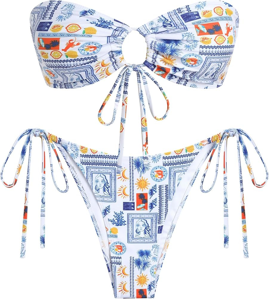 ZAFUL O Ring Bandeau Bikini Sets for Women Sexy Strapless Swimsuits 2 Piece High Cut Bathing Suit | Amazon (US)