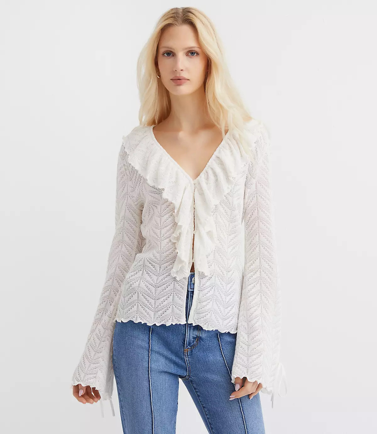 Pointelle Ruffle Tie Cuff Top | LOFT