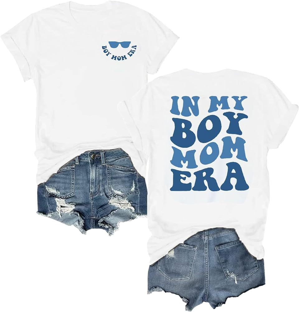 in My Boy Mom Era T-Shirt Cute Boy Mom Era Funny T-Shirt Women Casual Letter Print Short Sleeve T... | Amazon (US)