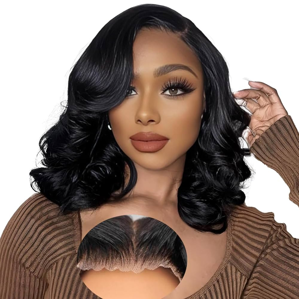 Bob Wig Human Hair 220% Density Wear and Go Glueless Wigs Human Hair Pre Cut 9x6 Clourse Body Wave Lace Front Wigs Human Hair 16 Inch Short Black Bob Wig for Women | Amazon (US)