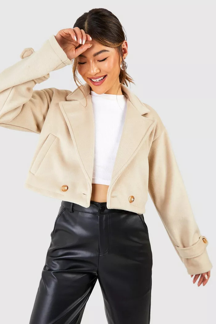 Textured Wool Look Crop Trench Coat | Boohoo.com (UK & IE)