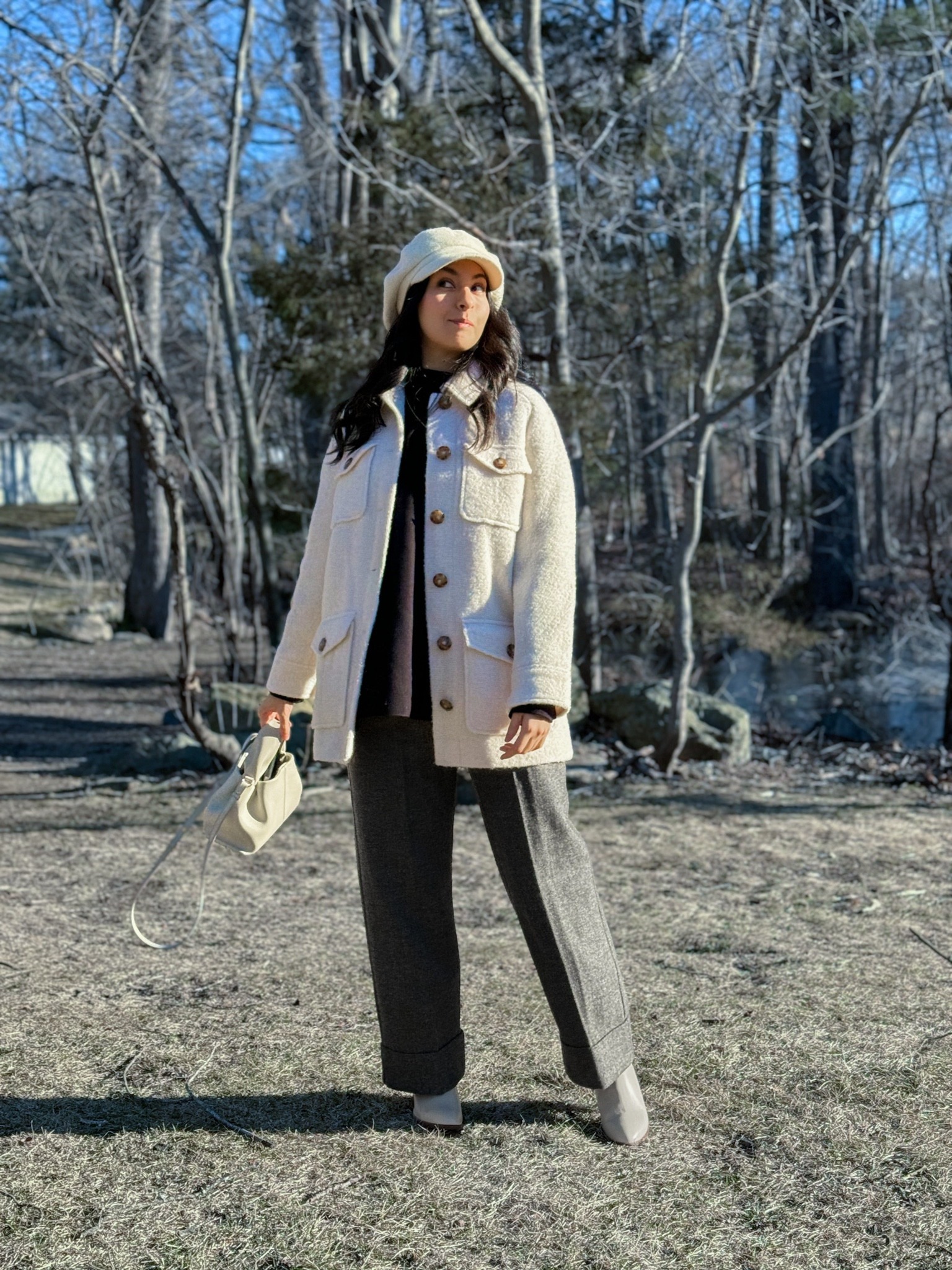 Paulin Ecru Coat from Sézane wearing size 2 (old)
Gray Trousers, Ecru Boots, Polene Numero Neuf 

#LTKstyletip #LTKMostLoved #LTKSeasonal