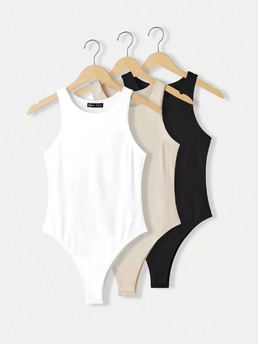 SHEIN BASICS 3pcs/Set Women's Casual Crew Neck Sleeveless Skinny Solid Color Knit Bodysuit | SHEIN