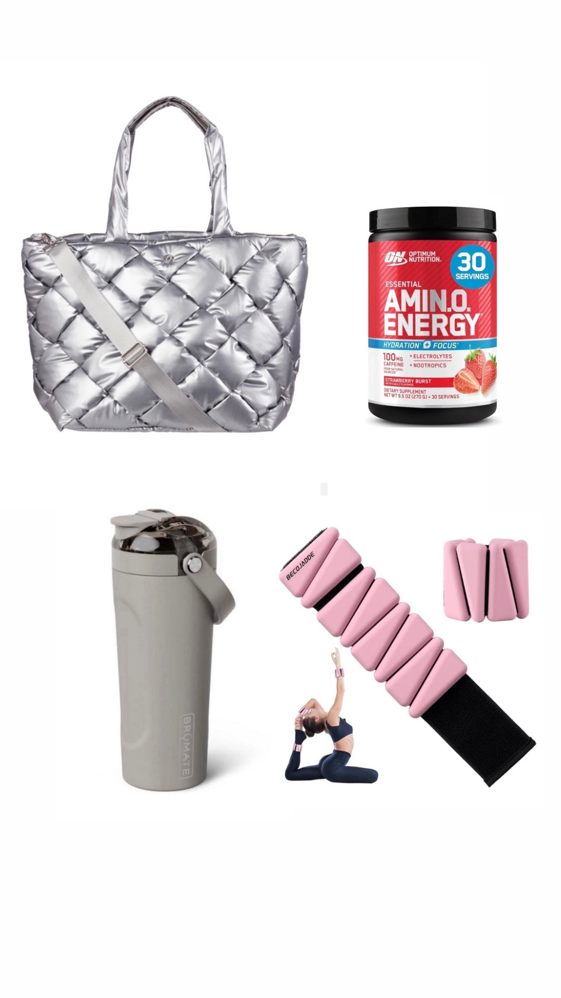 Gym essentials! 
Got a new bag and shaker bottle for Christmas! 
Ankle weights are great for my barre/ Pilates 
And i don’t leave with my Aminos strawberry is the best flavor! 

#LTKGiftGuide #LTKActive #LTKselfcare