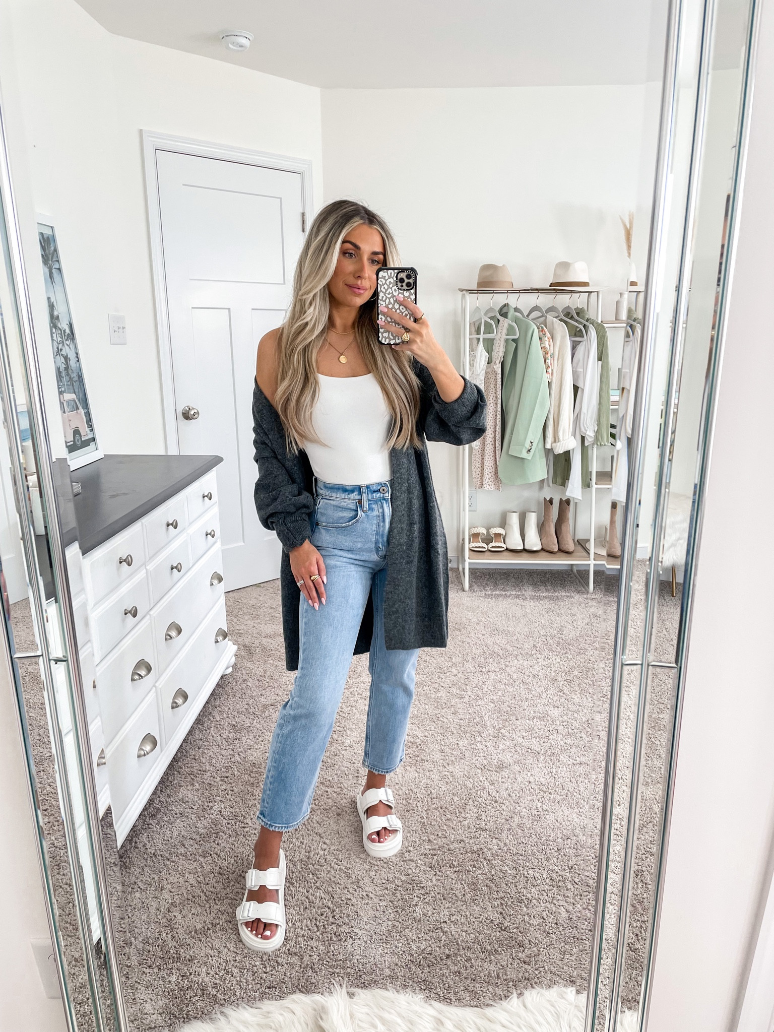 Casual pre fall outfit inspo 🫶🏼 
+ H&M cardigan | xs 
+ Abercrombie bodysuit | xs 
+ Abercrombie jeans | 25 short 
+ princess Polly sandals | true to size 

#LTKstyletip #LTKunder50 #LTKSeasonal