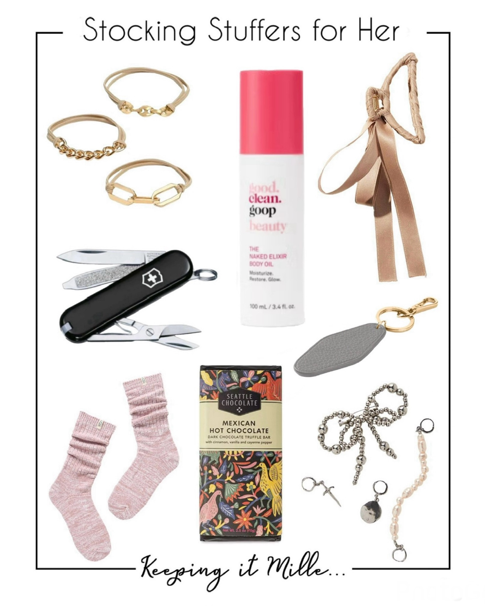 Stocking stuffers for her. Small gifts for an extra Christmas treat. Chocolate, hair clip, multi tool, cozy socks, keychain.

#LTKCyberWeek #LTKHoliday #LTKGiftGuide