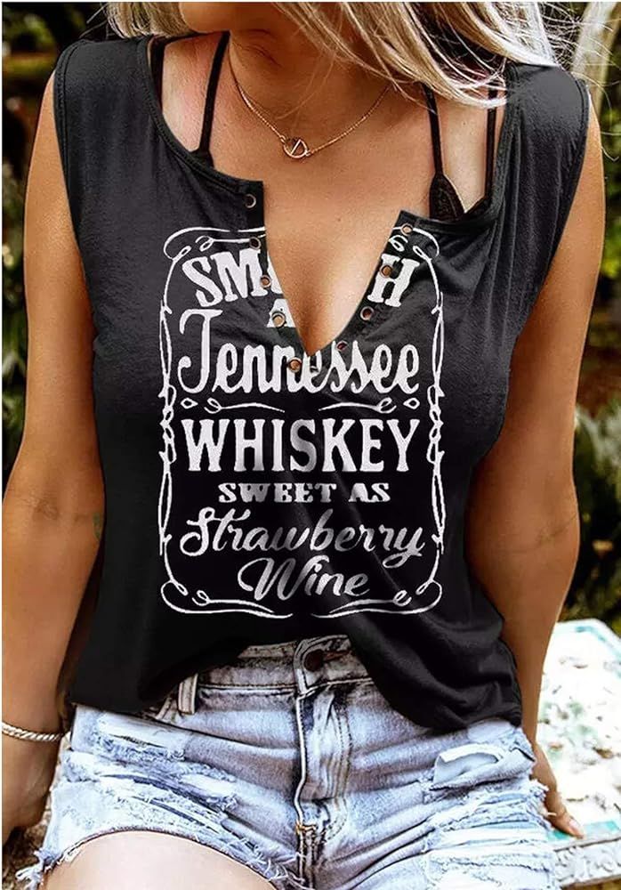 Smooth As Tennessee Whiskey Sweet As Strawberry Wine Shirt Ring Hole Sleeveless V-Neck Tank Top Wome | Amazon (US)