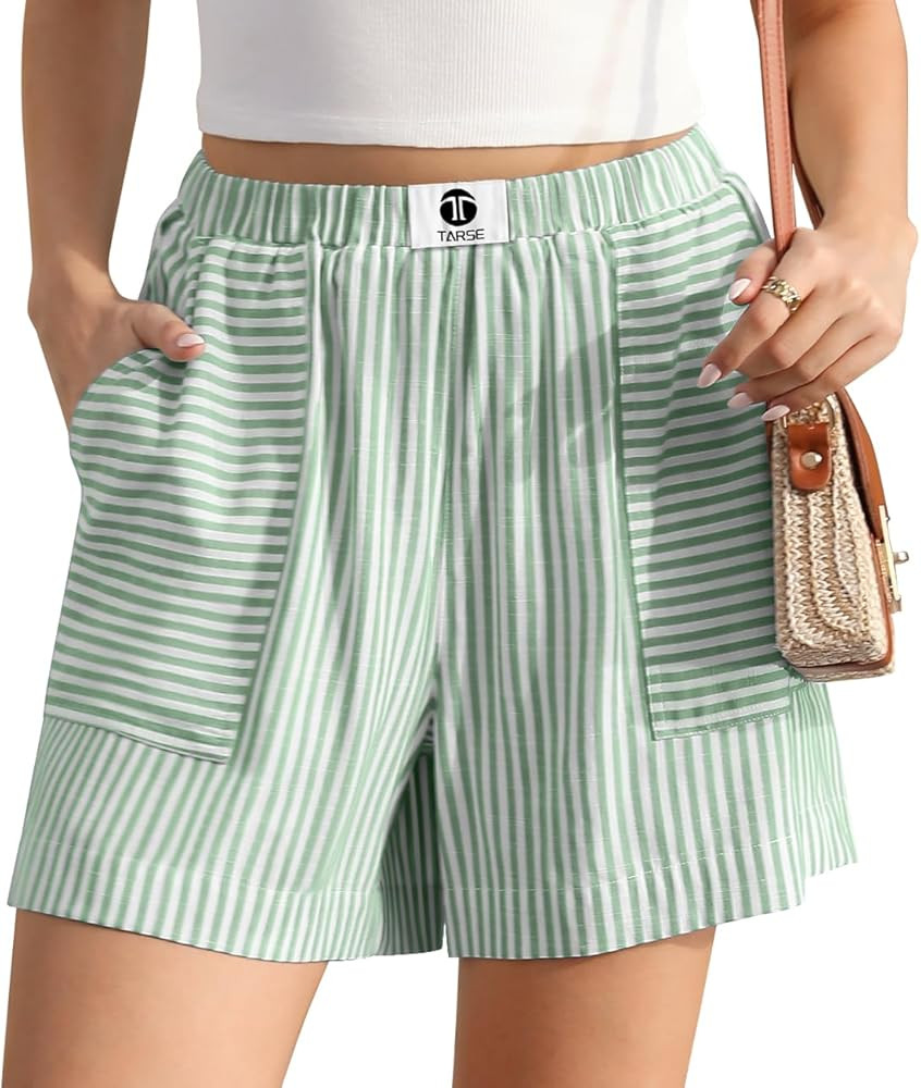 TARSE Womens Striped Shorts Elastic Waist Drawstring Summer Casual Beach Lounge Loose Fit Shorts ... | Amazon (US)