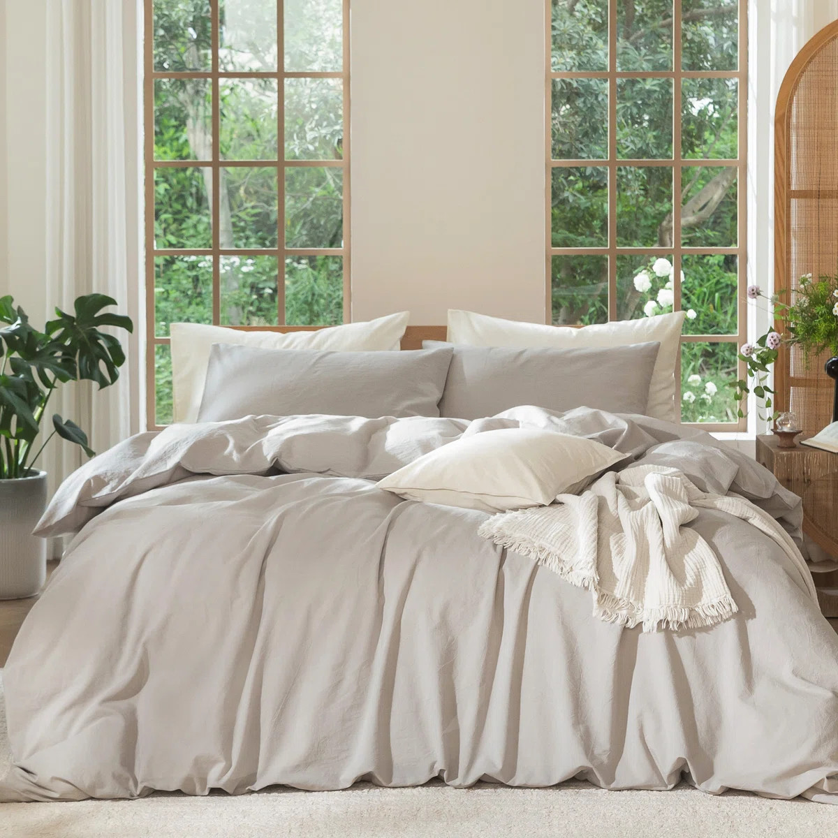 MooMee Duvet Cover Set 100% Washed Cotton Linen Like Textured Lightweight | Wayfair North America