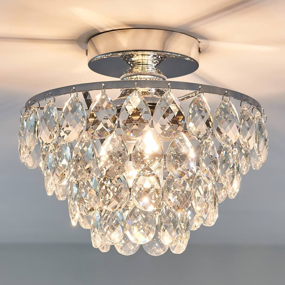 YYJLX Modern E26 Small Crystal Chandelier Semi Flush Mount Ceiling Light Fixture Silver Ceiling L... | Amazon (US)