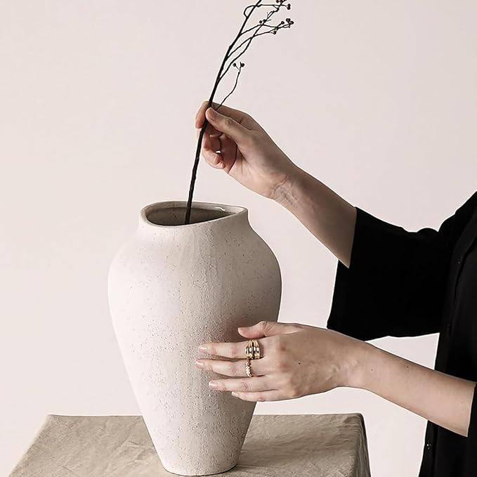 White Ceramic Vase - Large 11.8 Inch Tall Floor Vase for Centerpieces, Farmhouse Rustic Minimalis... | Amazon (US)