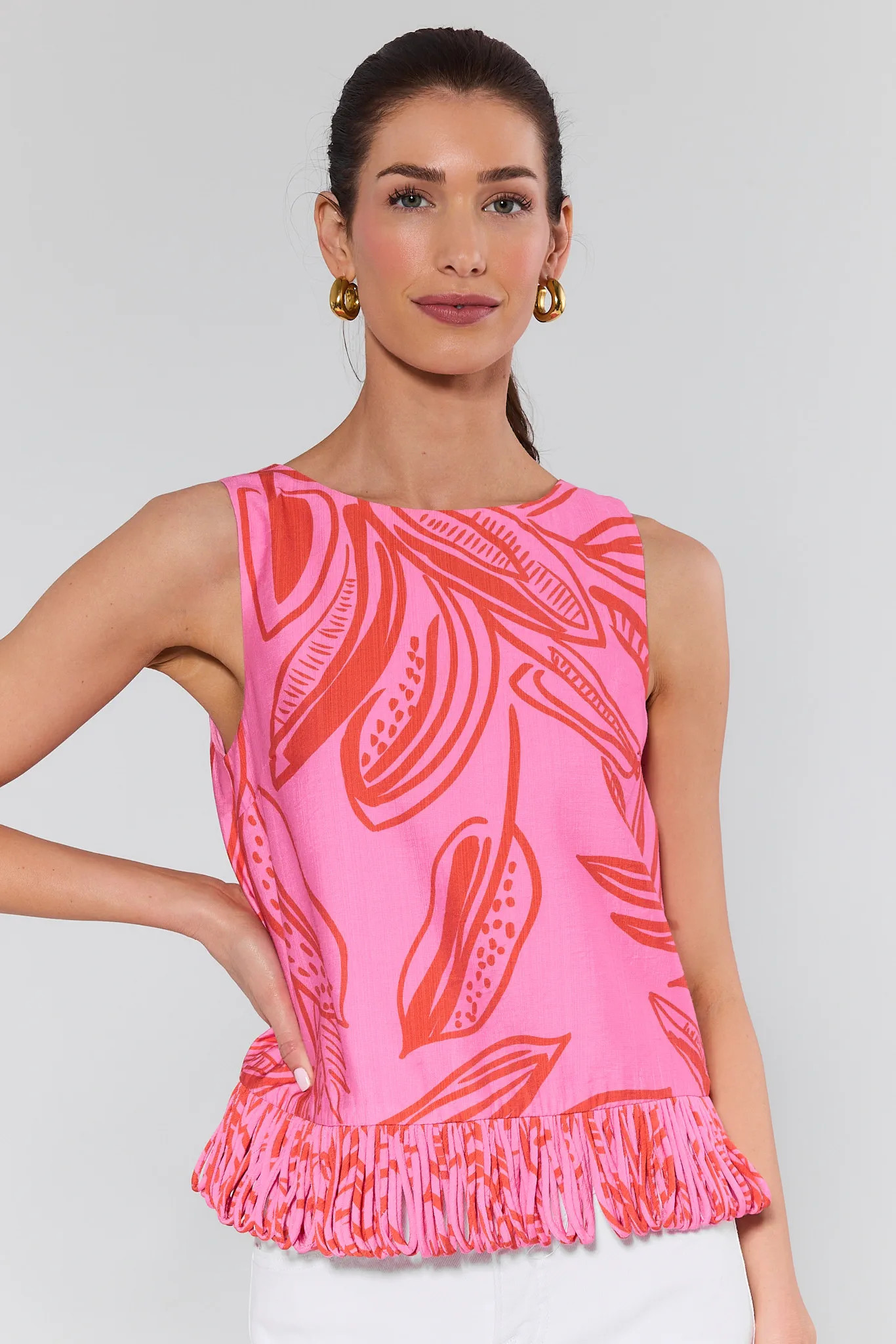 Angelina Pink Printed Fringe Top | Avara