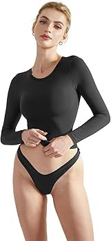 SUUKSESS Women Double Lined Fitted Basic T Shirts Crew Neck Long Sleeve Crop Top | Amazon (US)