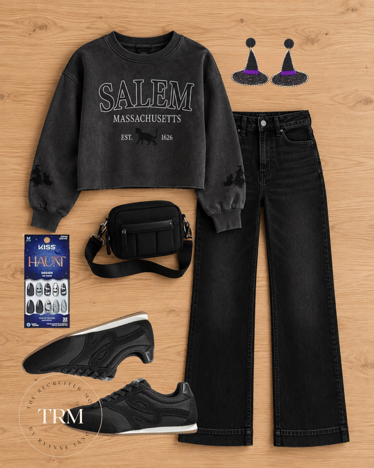 Salem sweatshirt + black wide-leg jeans 🖤 The cutest spooky season outfit! Don't miss the witch hat earrings and Halloween press-on nails 🧙‍♀️

Sizing: Sweatshirt | Jeans | Sneakers 

 #LTKover40 #LTKstyletip #LTKmidsize #LTKHalloween