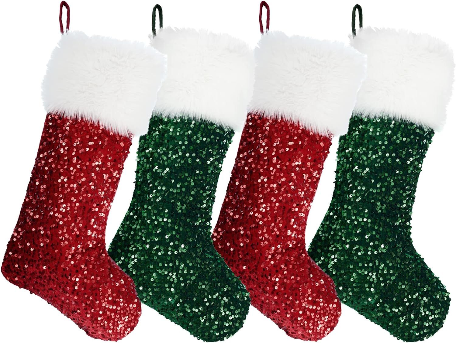 QBSM 4 Pack Christmas Stockings, 19.7'' Red and Green Sequin Stocking with White Faux Fur Cuff Xm... | Amazon (US)
