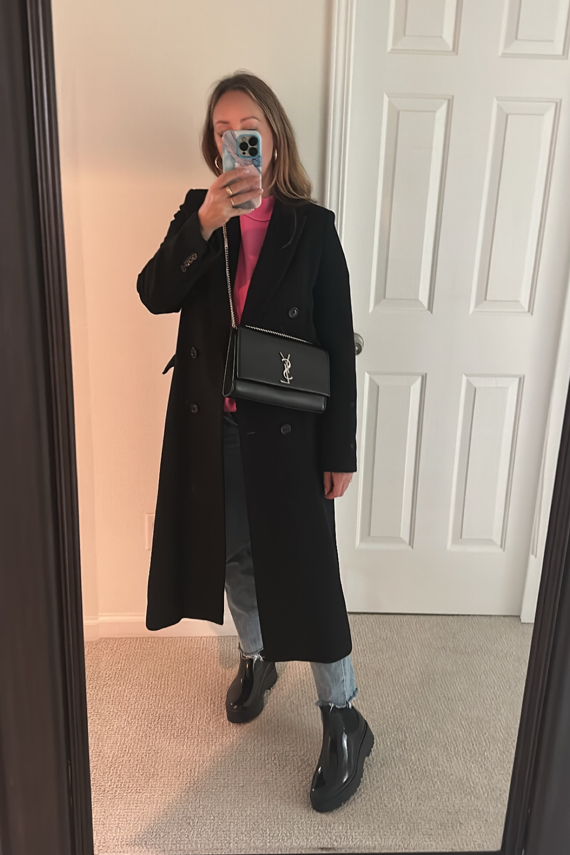 Wool coat Chelsea boots pink free people sweater straight leg denim ysl handbag 