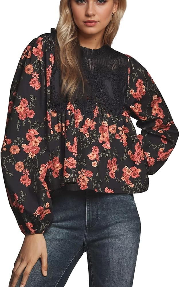 Women's Lace Mesh Floral Embroidery Blouse Long Puff Sleeve Dressy Babydoll Top Ruffle Hem Patchw... | Amazon (US)
