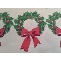 Vintage Christmas Tablecloth Green Wreaths Of Holly Leaves Red Berries 1960S Long Rectangular Table  | Etsy (US)