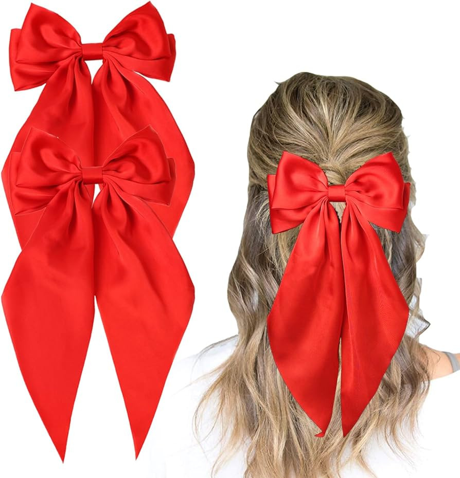 Furling Pompoms Hair Bows for Women - Pack of 2 Red Hair Bow Clips for Girls Satin Big Bows Long ... | Amazon (US)