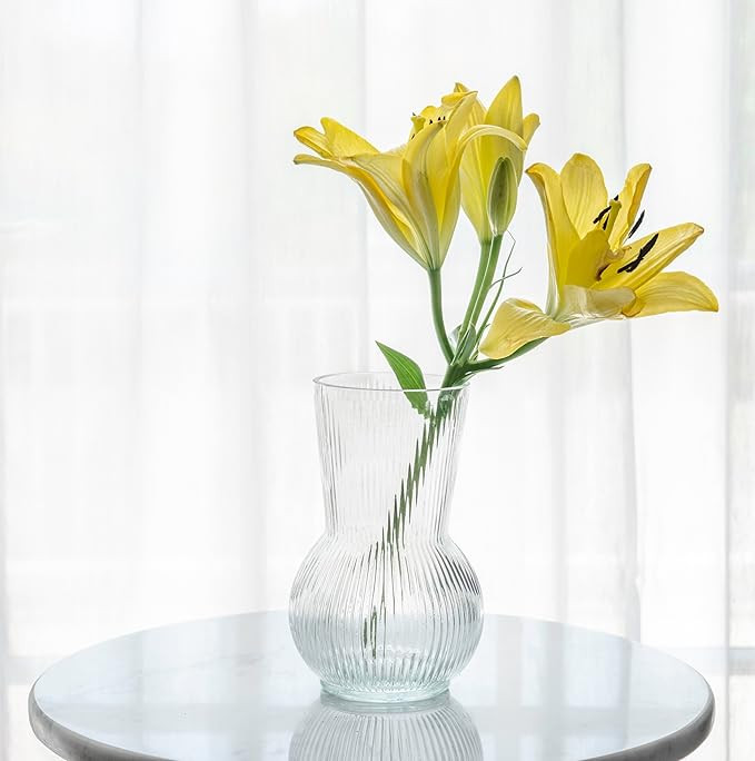Glass Flower Vase, Fluted Texture Clear Vase for Centerpieces, Kitchen, Living Room, Bedroom Deco... | Amazon (US)