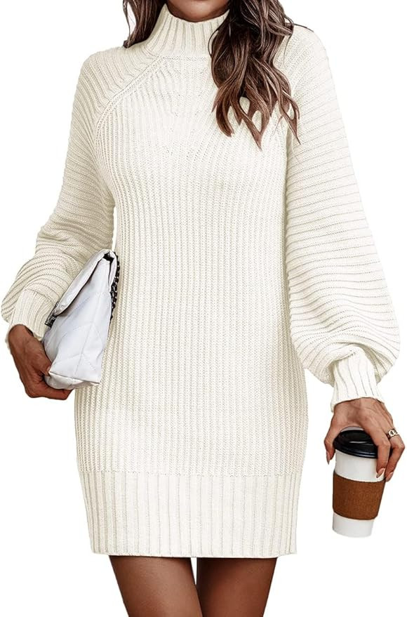 LILLUSORY Women's Mock Neck Pullover Sweater Dress Lantern Sleeve Ribbed Knit Tunic Sweater | Amazon (US)
