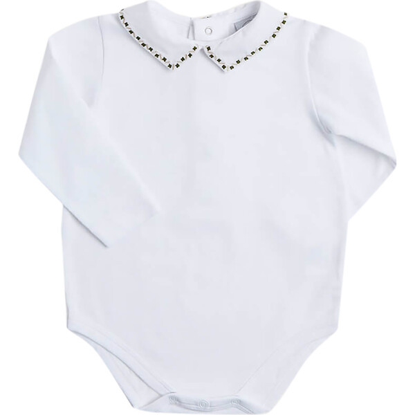 Embroidered Polo Collar Bodysuit, White | Maisonette